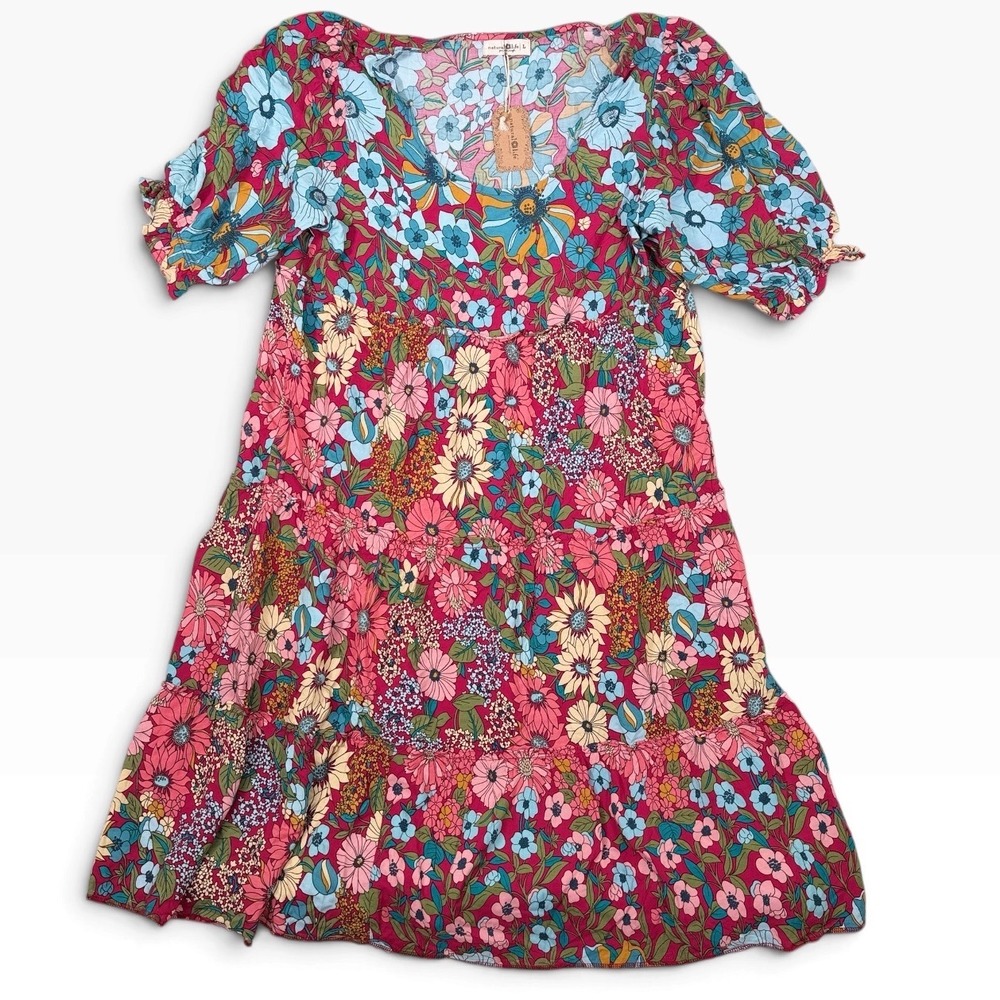 Natural Life Pink Floral Tiered Mini Dress Puff Sleeve Rayon LHDRS001737 Large